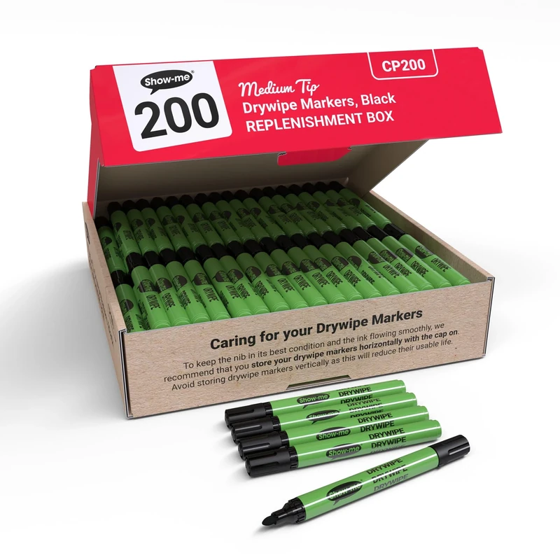 SHOW-ME - Whiteboard Markers | Drywipe, Erasable Black Medium Tip 2mm Line | Classroom Board Writing Pens with 3-Day Cap-off, Box of 200