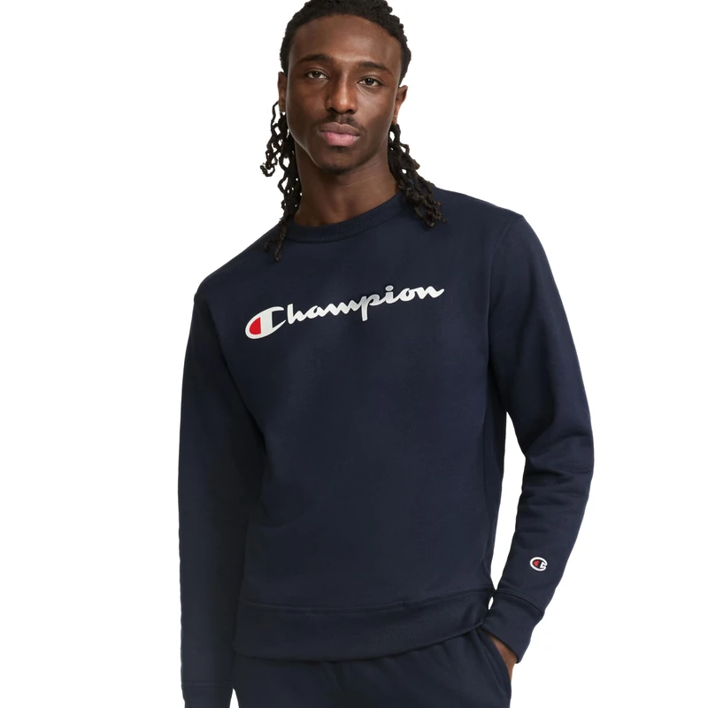 Champion Men's Graphic Powerblend Fleece Crew Sweatshirt, Navy Script, Medium