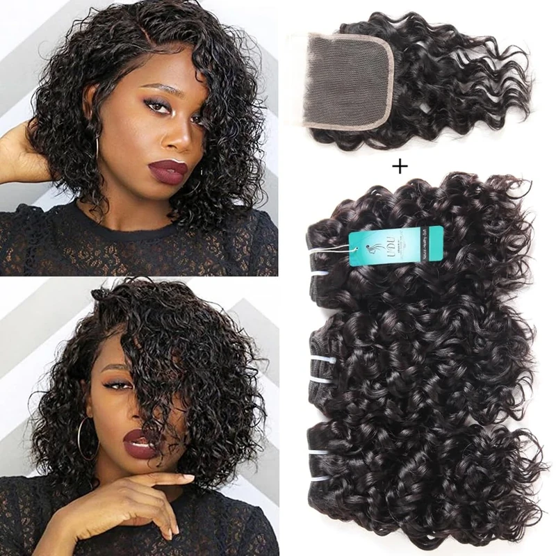 Water Wave Bundles with Closure, UDU 9A Brazilian Human Hair Bundles with Closure Curly Virgin Hair Ocean Weave Weft Human Hair Extensions Nature Black 50g/bundle (8 8 8+8Closure) - Image 1
