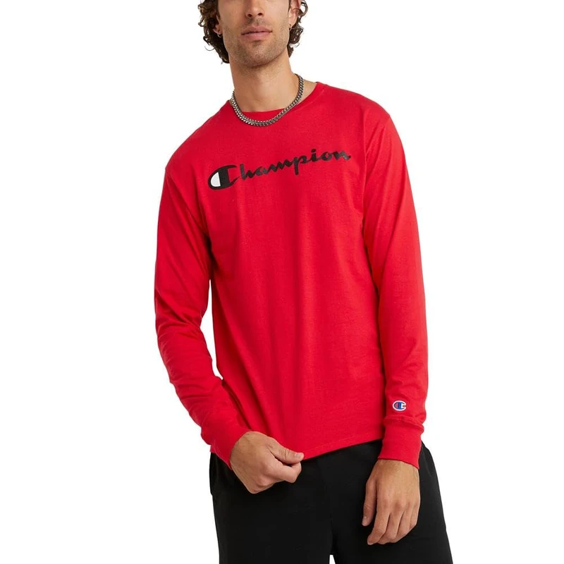 Champion Men's Classic Jersey Long Sleeve Graphic T-shirt T Shirt, Scarlet/Chest Champion Script, L UK