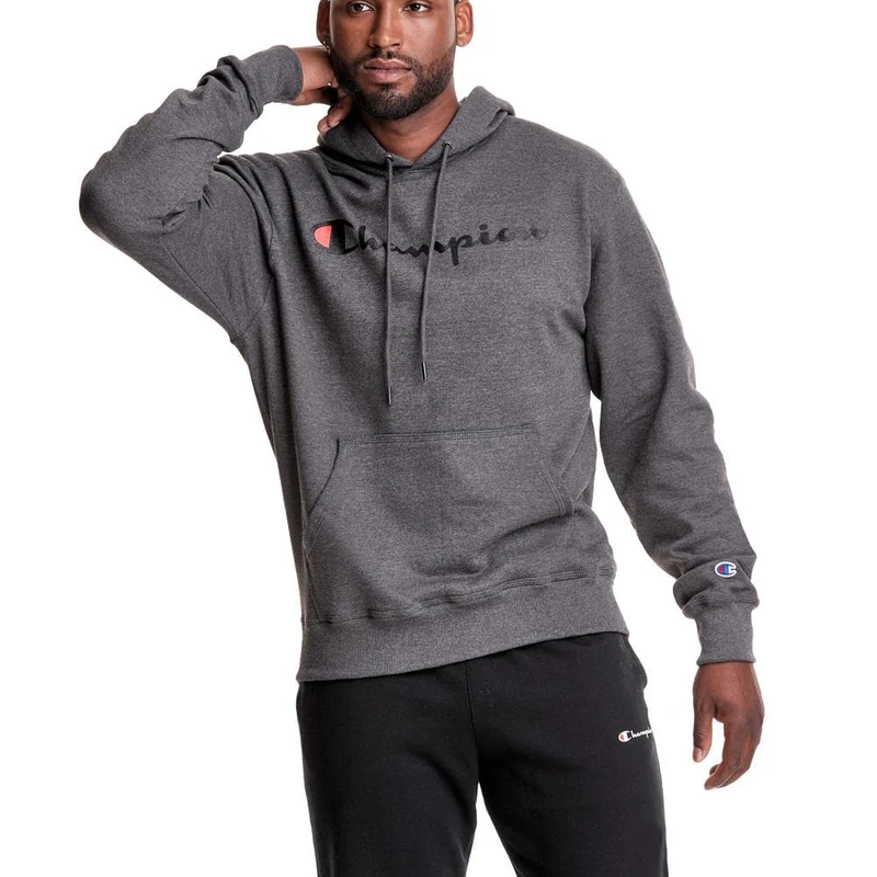 Champion Men's Graphic Powerblend Fleece Hood Sweatshirt, Granite Heather-y06794, L