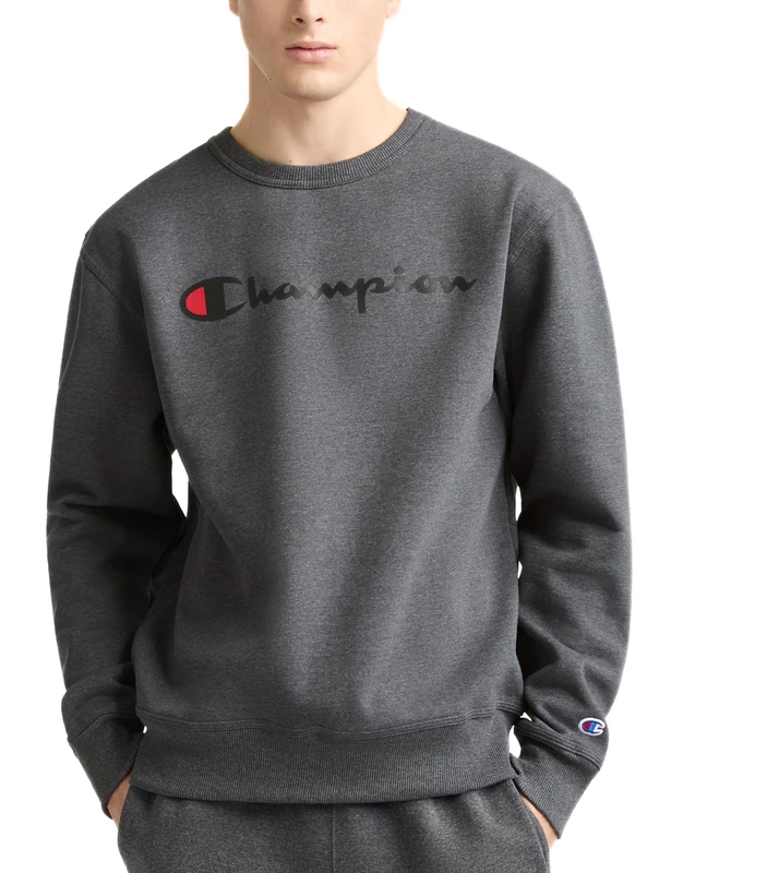 Champion Men's Graphic Powerblend Fleece Crew Sweatshirt, Granite Heather Script, Large