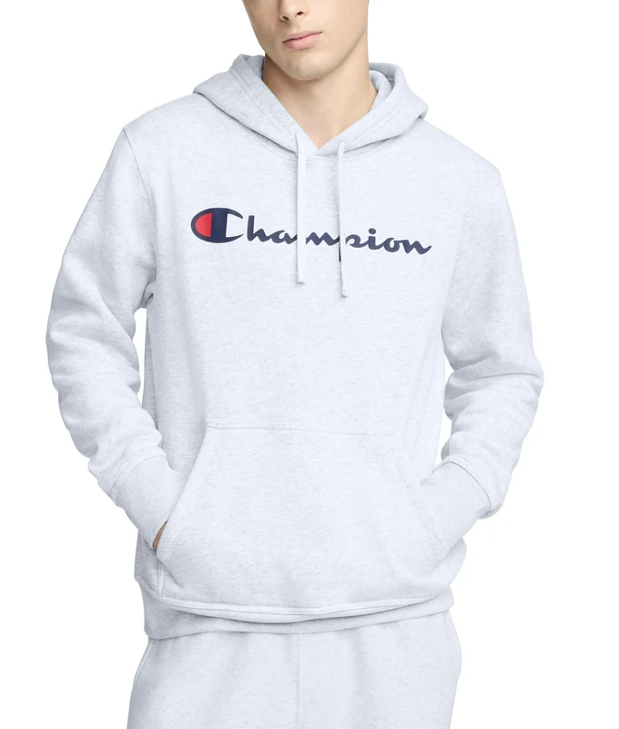 Champion Men's Graphic Powerblend Fleece Hood Sweatshirt, Oxford Grey/Champion Script, S