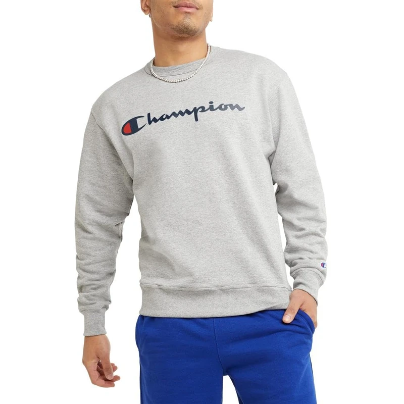 Champion Men's Graphic Powerblend Fleece Crew Sweatshirt, Oxford Grey/Champion Script, L UK