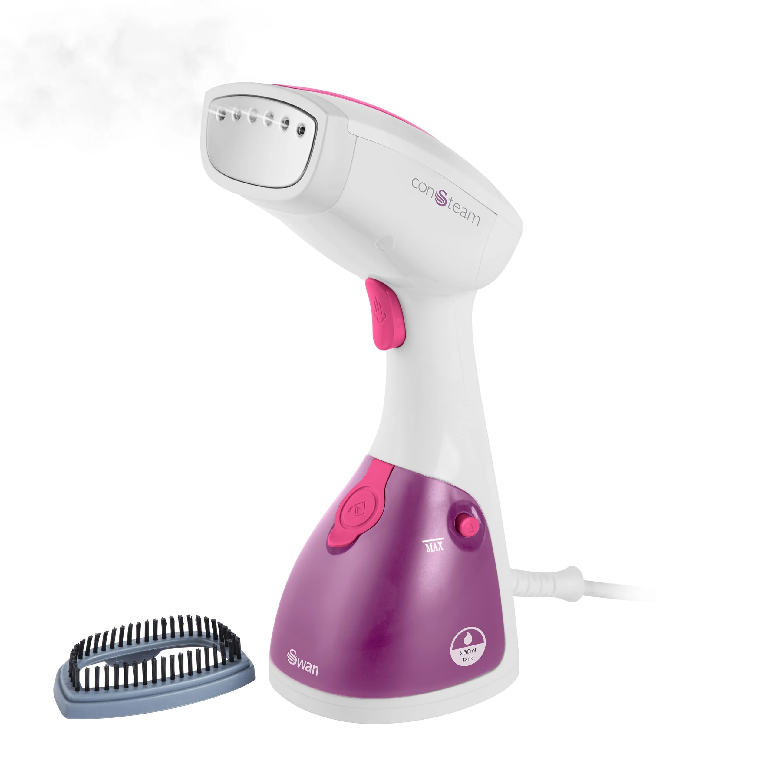 Swan SI12020N Handheld Garment Steamer, Lightweight, Removable Fabric Brush, Extra-Long 1.9m Power Cable, 1100W, 250ml Water Tank,White and Pink