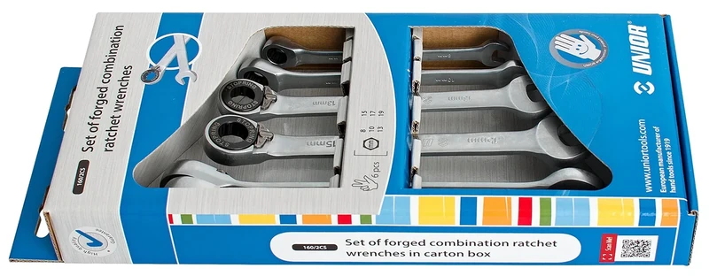 Unior 160/2cs Ratchet Ring Spanner Set in a Display Box