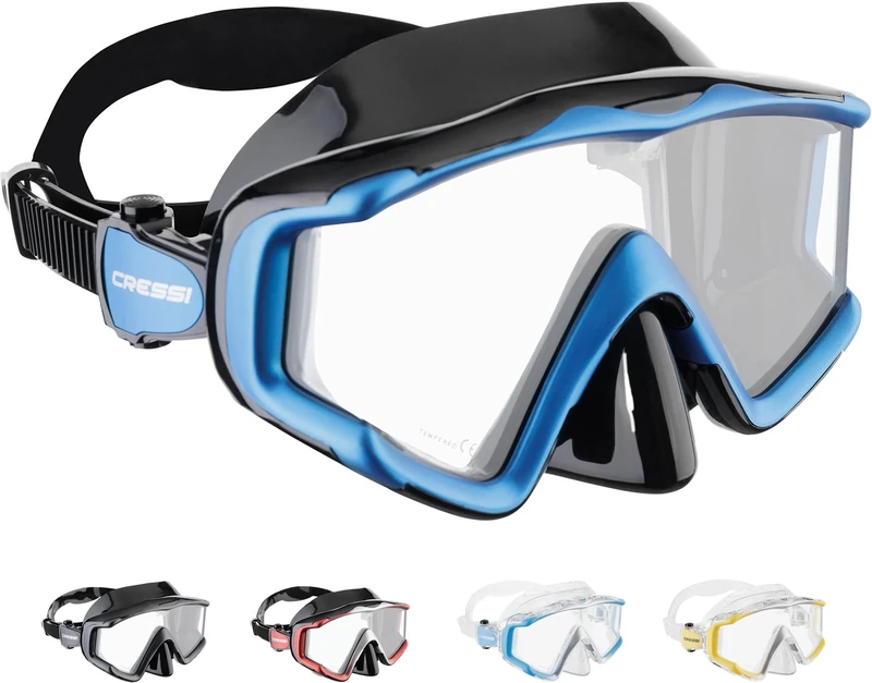 CRESSI Liberty Triside Snorkel Mask - Panoramic 3 Glass Snorkelling & Diving Mask - One Size, Unisex Adult - Black/Sapphire