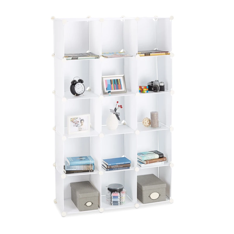 Relaxdays Modular Plastic Shelf, Expandable Shelving System, 15 Durable Compartments, Individual Standing Shelf, White