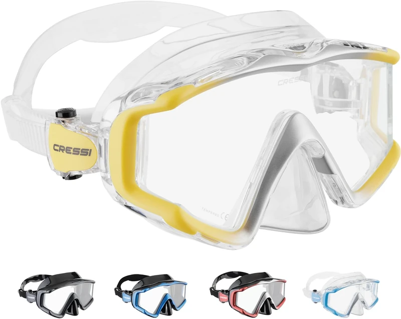 CRESSI Liberty Triside Snorkel Mask - Panoramic 3 Glass Snorkelling & Diving Mask - One Size, Unisex Adult - Clear/Yellow Silver