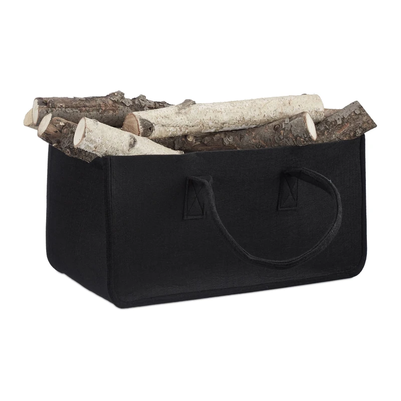 Relaxdays Felt Firewood Basket, Portable Magazine Holder, Wood Bin H x W x D: 25 x 25 x 50 cm, Black
