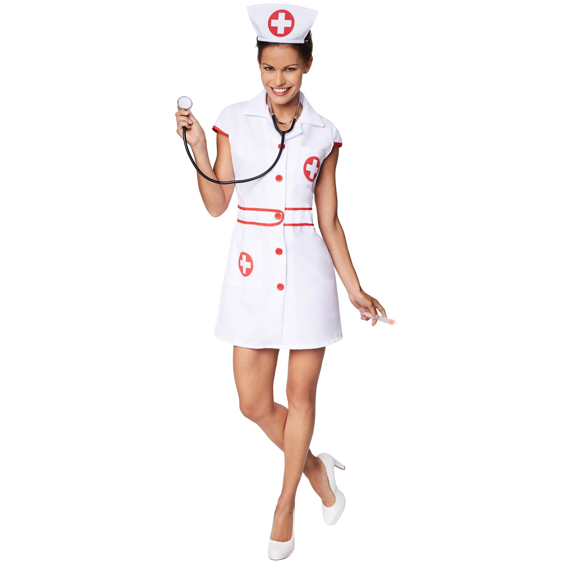 dressforfun Women’s Sexy Nurse Costume | Printed red cross | Front with buttons | Includes Hairband (M | No. 301504)