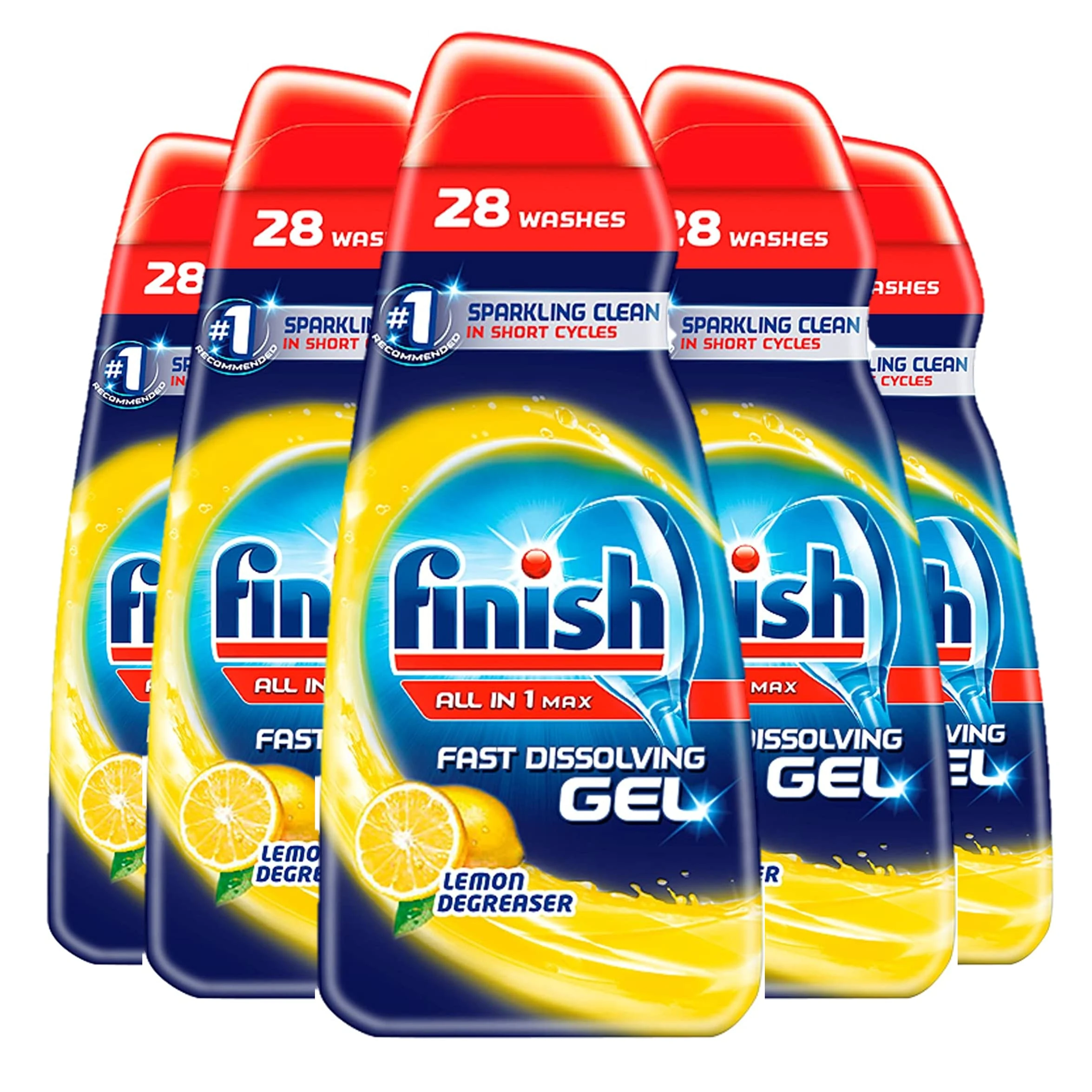 Finish, Dishwasher Degreaser Gel, Lemon, 3.5L (700ml x 5 pck), 140 washes, Fast Dissolving and Powerful Action, Sparkling Clean in Short Washes