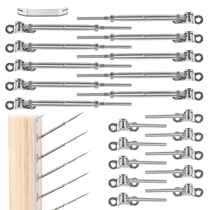 Muzata 20Pairs Cable Railing Kit 1/8" Swage Toggle Turnbuckle Hardware T316 Stainless Steel for Wood Post WoodEasy System Angle 180° Adjustable Stairs Deck 20 Cable Lines CK07 NN1,CA4 CA5