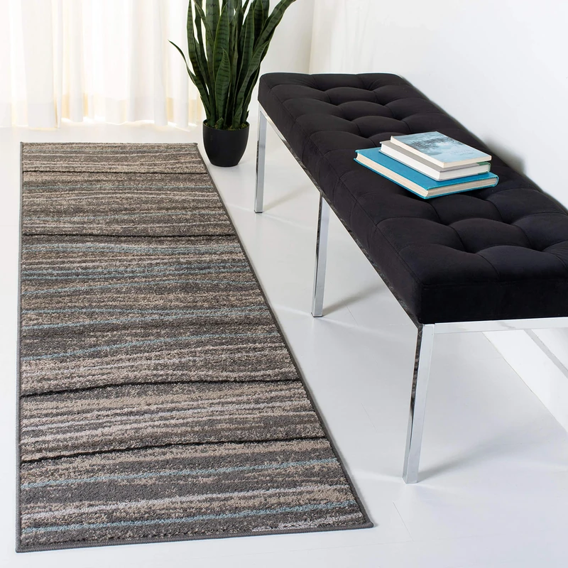 Safavieh Modern Stripe Wave Indoor Woven Runner Area Rug, Amsterdam Collection, AMS111, in Silver / Beige, 69 X 244 cm for Living Room, Bedroom or Any Indoor Space