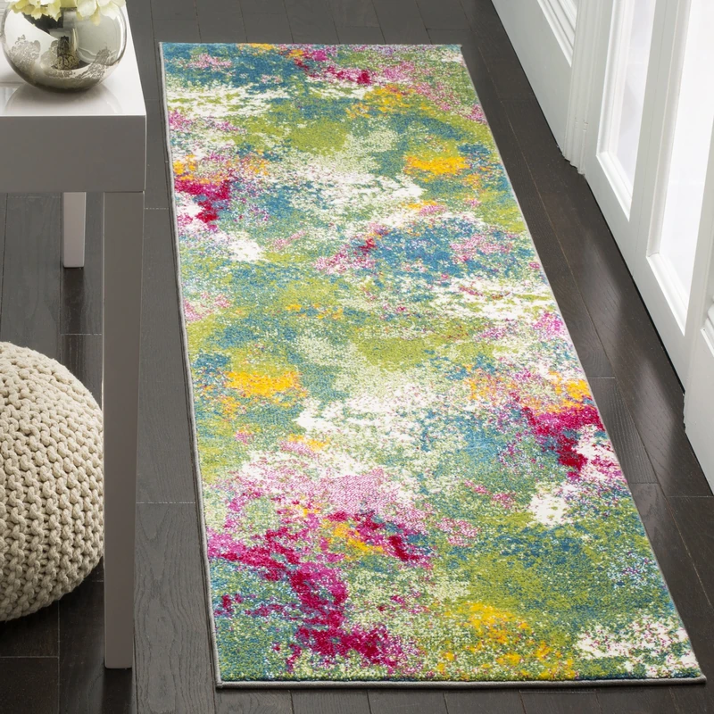 SAFAVIEH Abstract Rug for Living Room, Dining Room, Bedroom - Watercolor Collection, Short Pile, in Green and Fuchsia, 79 X 152 cm