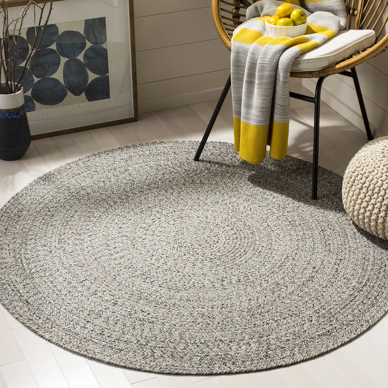 Safavieh Traditional Rug for Living Room, Dining Room, Bedroom, Braided Collection, Short PIle, in Ivory and Steel Grey, 122 X 122 cm
