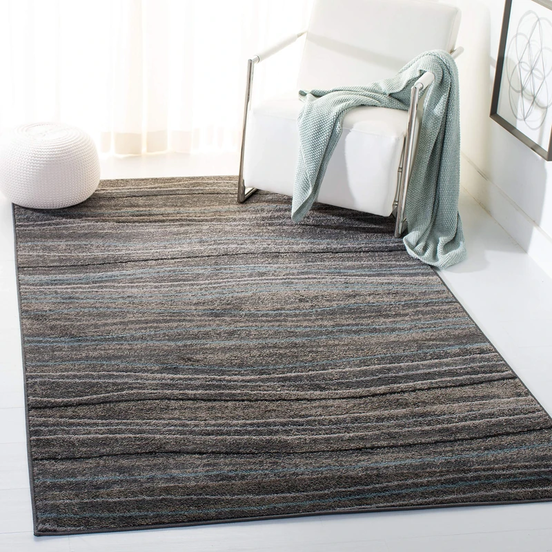Safavieh Modern Stripe Wave Indoor Woven Rectangle Area Rug, Amsterdam Collection, AMS111, in Silver / Beige, 155 X 229 cm for Living Room, Bedroom or Any Indoor Space