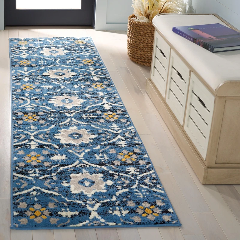 Safavieh Southwestern Bohemian Indoor Woven Runner Area Rug, Amsterdam Collection, AMS113, in Blue / Crème, 69 X 244 cm for Living Room, Bedroom or Any Indoor Space