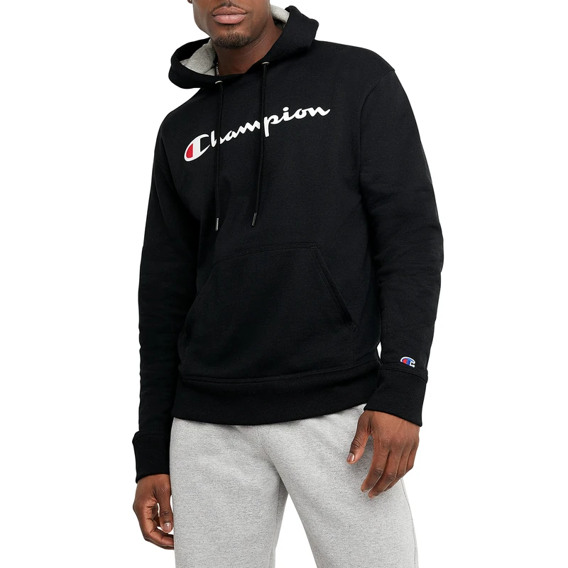 Champion Men's Graphic Powerblend Fleece Hood Sweatshirt, Black/Champion Script, XL