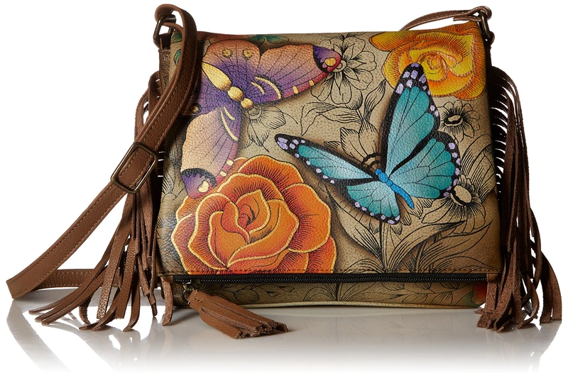 Anna by Anuschka Hand Painted Leather Women'S Fringed Flap Crossbody, Floral Paradise Tan