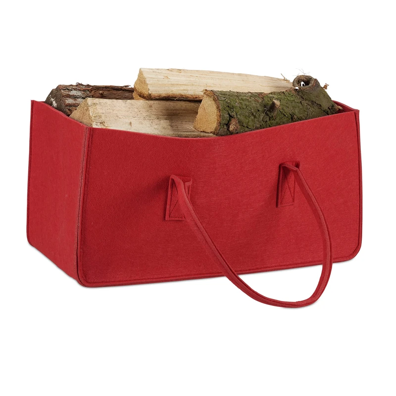 Relaxdays Felt Firewood Basket, Portable Magazine Holder, Wood Bin, Red, H x W x D: 25 x 25 x 50 cm
