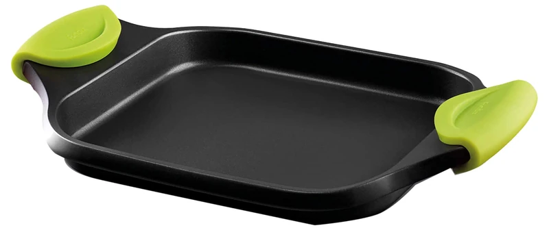 Castey F3-IP35 Induction Flat Tray Pan and Silicone Side Handles, 35 cm, Cast Aluminium, Black, 36 x 26 x 6 cm