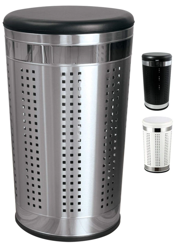 MSV laundry bin, laundry basket, laundry collector, laundry chest with round seat cushion, 60.5 cm high black/silver metal