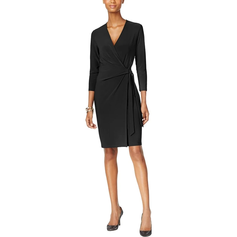 Anne Klein Women's Classic V-Neck Faux Wrap Dress, Black, Medium