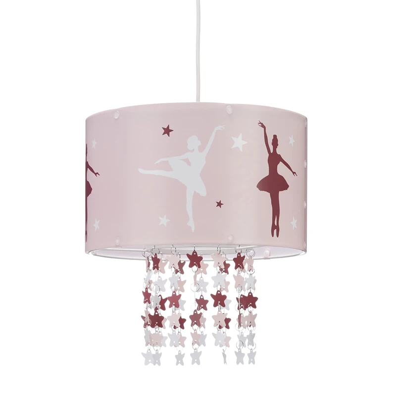 Relaxdays Hanging Lamp for Girls, Children’s Ceiling Light with Ballerina Print, Pendant Light with Star-Mobile, Pink