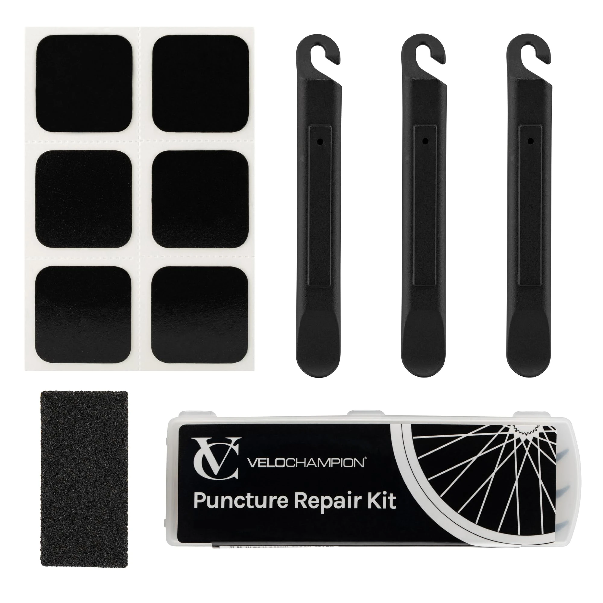 VeloChampion Puncture Repair Kit | Self-Adhesive Bike Tyre Patches for Road, MTB, BMX, Ebike| Travel Size Bicycle Puncture Repair Kit | 6, 10 or 40 Pack + Optional Tyre Levers (Repair Kit + Patches)