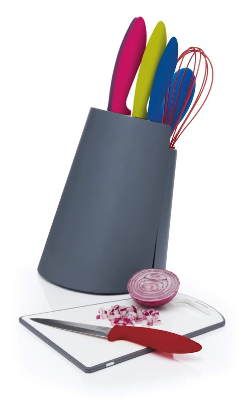 Colourworks 3-in-1 Wooden Knife Block / Plastic Chopping Board / Utensil Holder Set - 'Brights' Colours, 17.89 x 16.60 x 33.5 cm