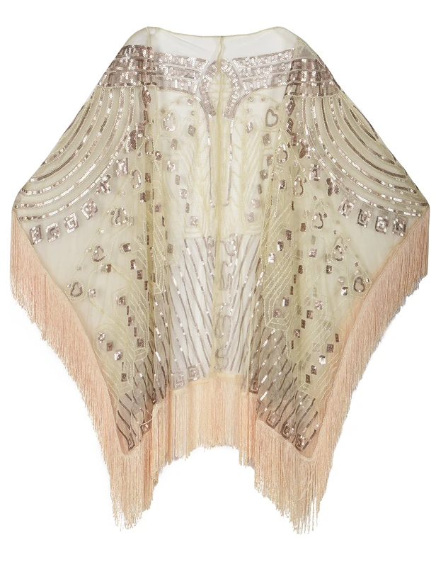 PrettyGuide Women's Evening Shawl Beaded 1920s Cape Poncho Fringed Cover Up Champagne Beige