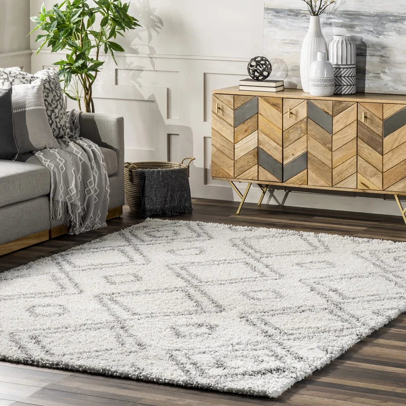 nuLOOM OZSG18A Soft and Plush Moroccan Trellis Iola Shag Rug, 3' x 5', White - Image 1
