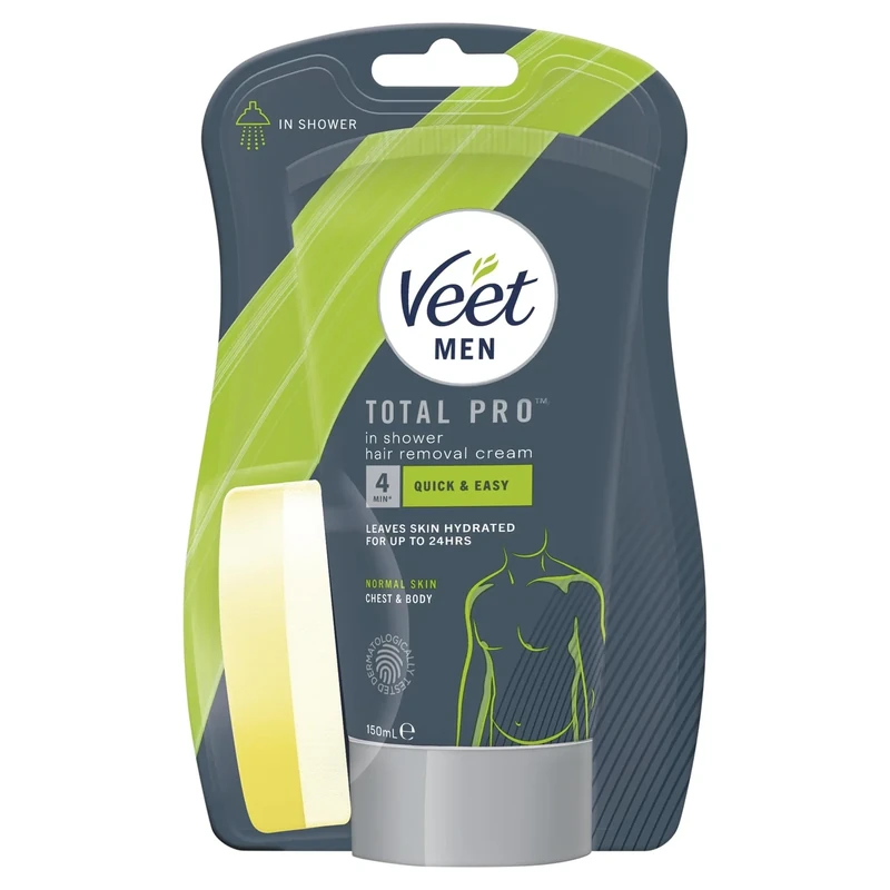 Veet Men's Hair Removal Cream 150 ml with Sponge, Quick & Effective Shower Solution, Hydrating, Dermatologically Tested, Smooth Skin, Easy Application, Ideal for Sensitive Areas