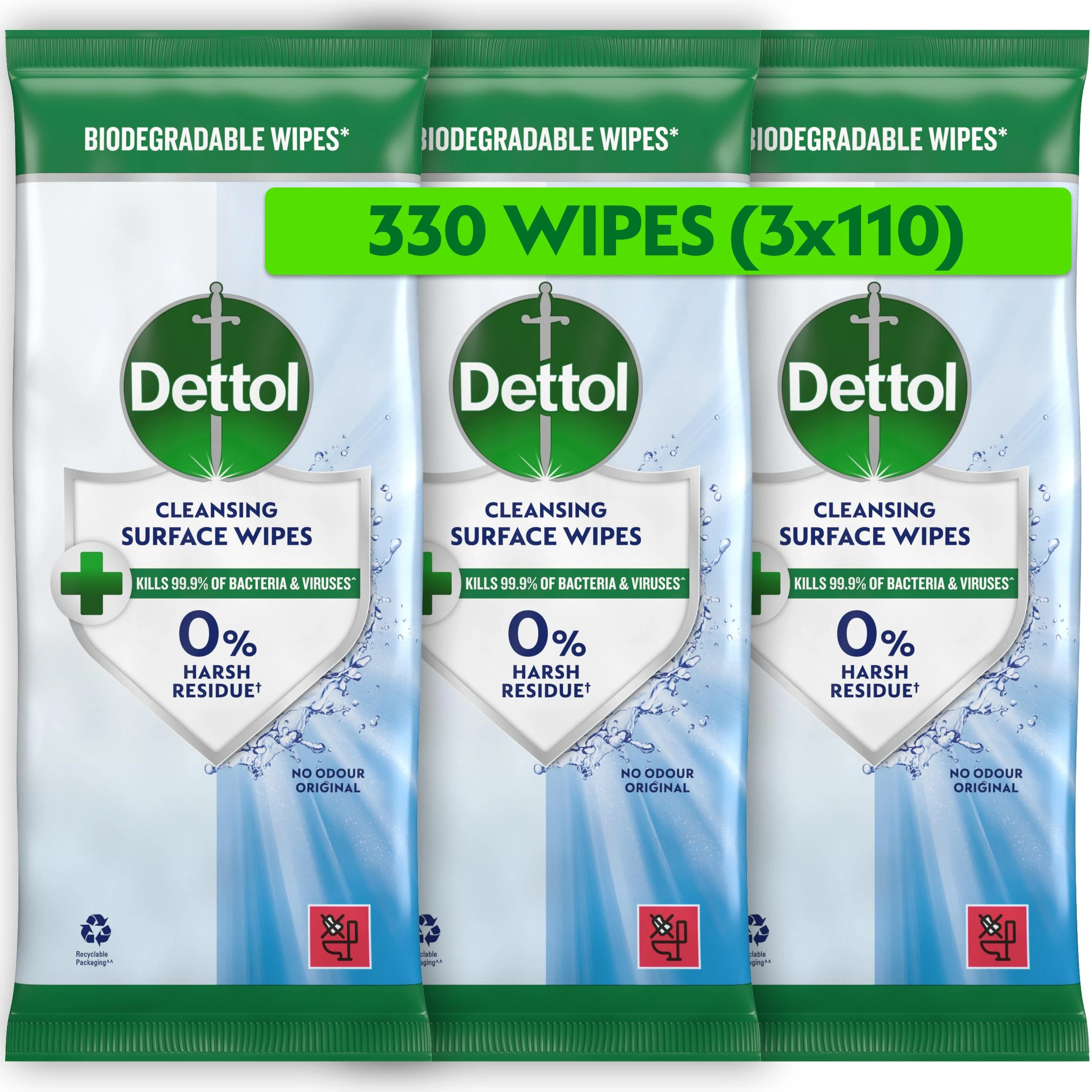 Dettol Antibacterial Cleansing Surface Wipes, Fragrance Free, 330 Wipes (110 x 3pck) Disinfectant, Home Hygiene, Biodegradable, Kills 99.9 Percent of Germs