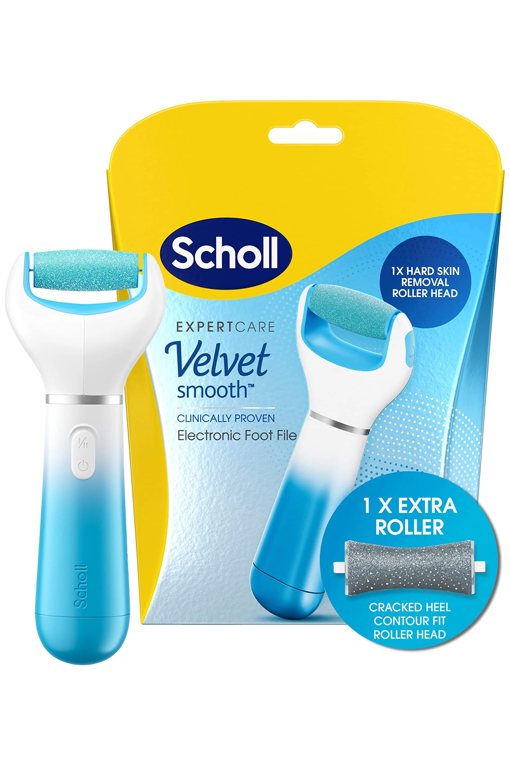 Scholl Velvet Smooth Electric Foot File with Cracked Heel Refill - Pedicure Foot File for Hard Skin and Callus Removal, Includes Velvet Smooth Roller and Cracked Heel Roller