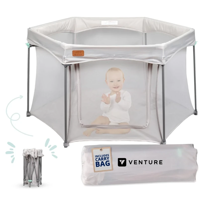 Venture All Stars Joy Award-Winning Foldable Baby Playpen – Large, Portable Play Pen for Babies & Toddlers, Breathable Mesh & Fitted Mat, Easy to Set Up, Includes Travel Bag - Silver (6-36 Months)