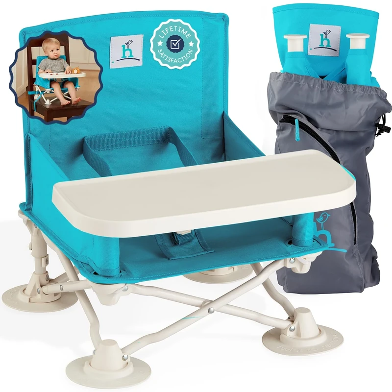 hiccapop Omniboost Travel Booster Seat with Tray for Baby | Folding Portable High Chair for Eating, Camping, Beach, Lawn, Grandma’s | Tip-Free Design Straps to Kitchen Chairs - Go-Anywhere High Chair