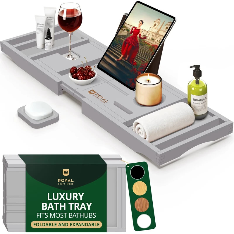 ROYAL CRAFT WOOD Luxury Bamboo Bathtub Caddy Tray with Book and Wine Holder - One or Two Person Bath and Bed Tray with Extending Sides - Free Soap Dish - (Gray)