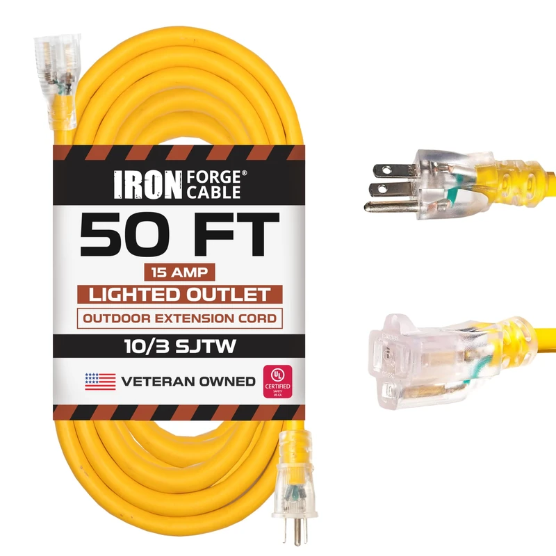 IRON FORGE CABLE Outdoor Extension Cord 50 Ft - 10 Gauge Extension Cord 15 AMP, 10/3 Heavy Duty Extension Cable SJTW Weatherproof Yellow Power Extension Cord with 3 Prong Lighted End - 125 V 1875 Watt - Image 1