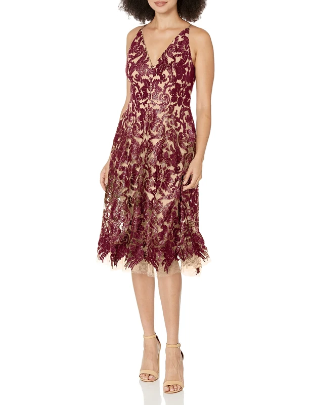 Dress the Population Women's Blair Plunging Fit and Flare Midi Dress, Berry/Nude, S