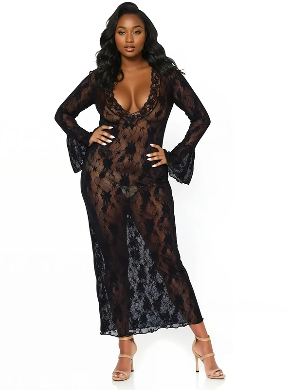 LEG AVENUE 86092Q Stretch Deep-V Long Dress, Black Plus Size - Image 1