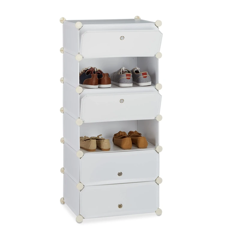 Relaxdays Plastic Shoe Cabinet, Shoe Rack, 6 Compartment Shelving Unit, HWD: 107 x 49 x 37 cm, White