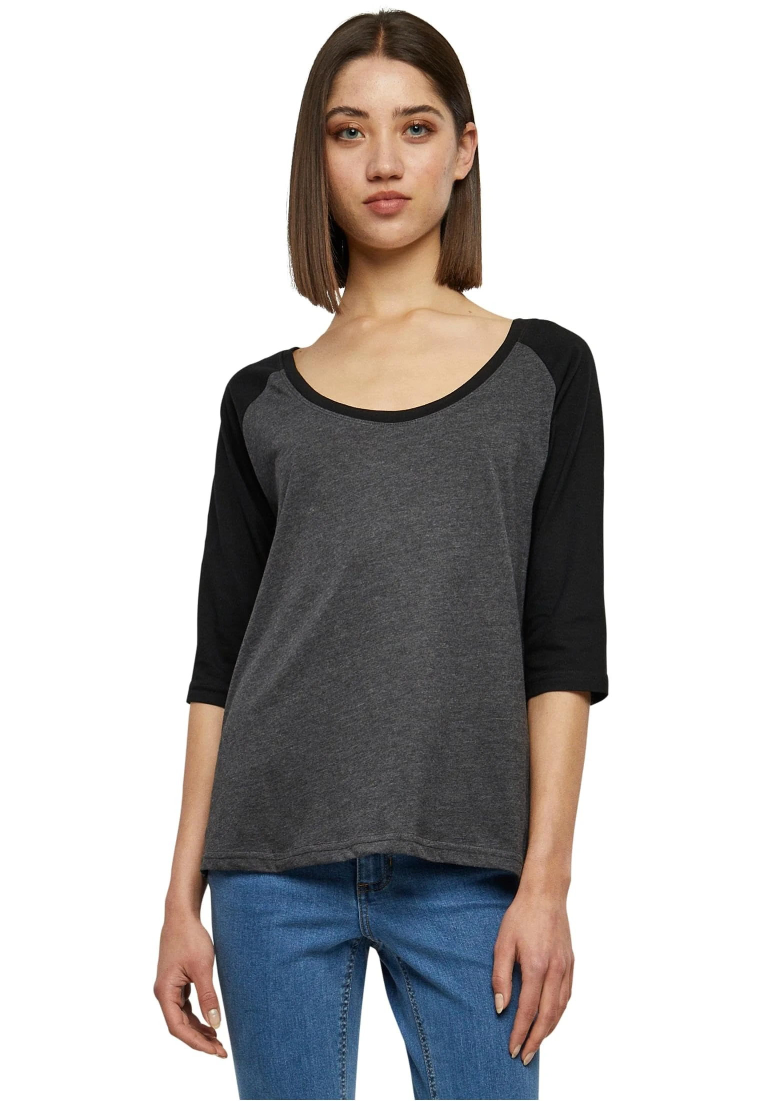 Urban Classics Women's Ladies 3/4 Contrast Raglan Tee T-Shirt, Charcoal/Black, 4XL
