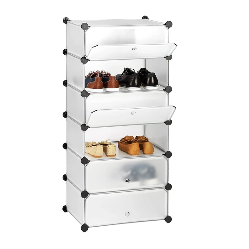Relaxdays Plastic Shoe Cabinet, Shoe Rack, 6 Compartment Shelving Unit, HWD: 107 x 49 x 37 cm, Transparent