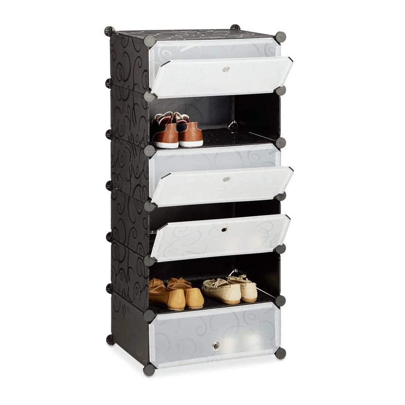 Relaxdays Plastic Shoe Cabinet, Shoe Rack, 6 Compartment Shelving Unit, HWD: 107 x 49 x 37 cm, Black