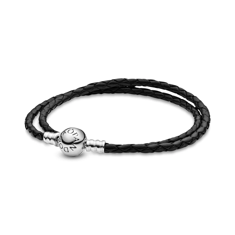 PANDORA Moments Women's Sterling Silver and Leather Black Leather Bracelet for Charms, Size 41, No Box