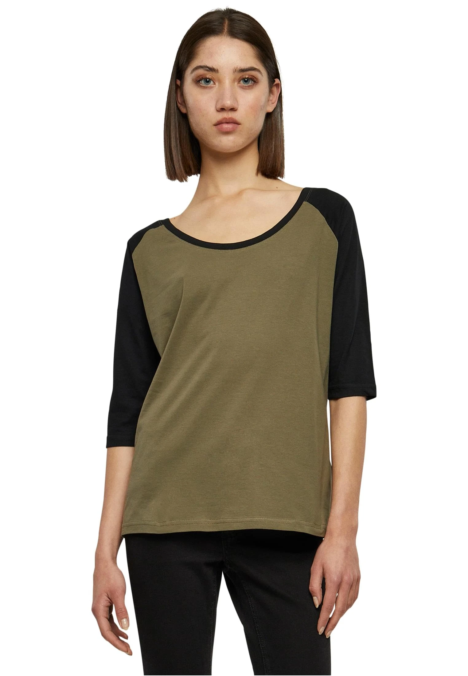 Urban Classics Women's Ladies 3/4 Contrast Raglan Tee T-Shirt, Olive/Black, 4XL