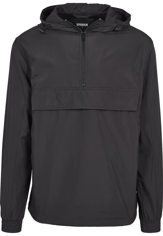 URBAN CLASSICS Men's Windbreaker Jacket, Pullover Rain Jacket with Hoodie, Longsleeve Hooded Men's Raincoat, Lightweight & Water Repellent, Colour: Black, Size: 4X-Large