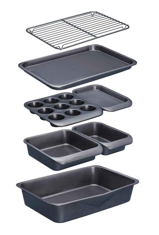 MasterClass Smart Space Stacking PTFE, PFOA and BPA Free Non-Stick Bakeware Set, 7 Piece Baking Trays, Gift Boxed, Grey